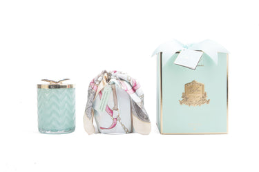 COTE NOIRE - HERRINGBONE CANDLE WITH SCARF - TIFFANY BLUE & GOLD - BUTTERFLY LID - HCG51